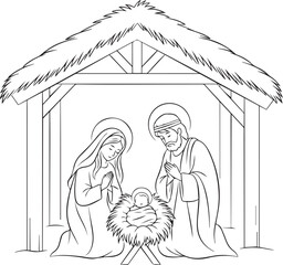 Holy family nativity scene with stable and halos jesus mary © sakil
