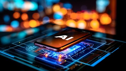 Futuristic ai chip with glowing circuits and bokeh city lights in the background