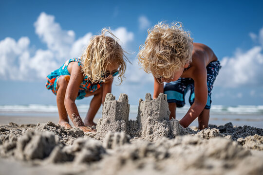 siblings building sandcastle on beach, bright swimwear, summer sky,  vibrant daylight