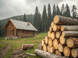 Rustic log cabin and stacked timber in a forest setting