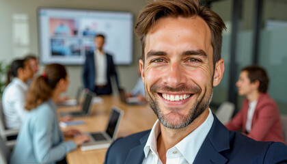 Confident businessman smiling in modern office meeting room