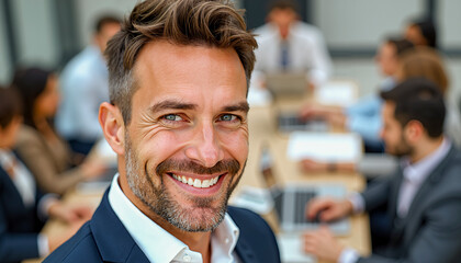 Confident businessman smiling in modern office meeting room