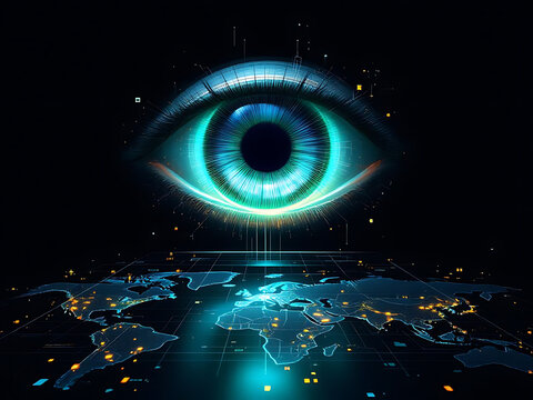 A luminous futuristic digital eye observes a glowing holographic world map representing advanced technology global data networks and omnipresent surveillance in the digital age - Powered by Adobe