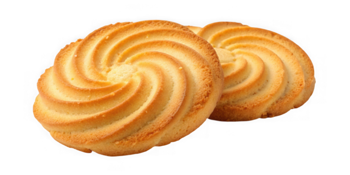 Two golden brown swirl cookies isolated on a transparent background for baking and dessert imagery isolated on transparent background