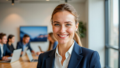 Confident businessgirl smiling in modern office meeting room
