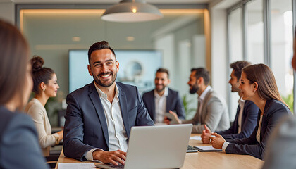 Confident businessman smiling in modern office meeting room