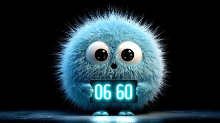 Fluffy Blue Monster Displays the Time An Adorable Furry Creature with Giant Eyes Holding a Glowing Clock that reads 06 60