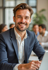 Confident businessman smiling in modern office meeting room