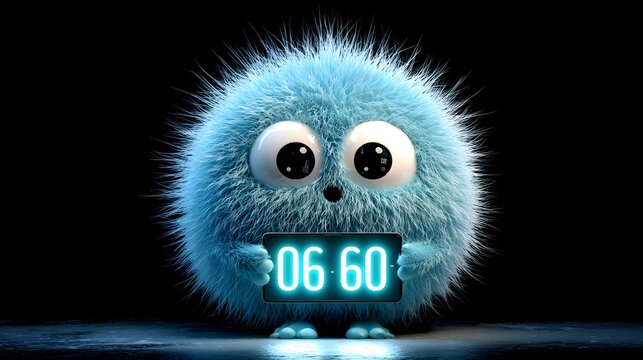 Fluffy Blue Monster Displays the Time An Adorable Furry Creature with Giant Eyes Holding a Glowing Clock that reads 06 60