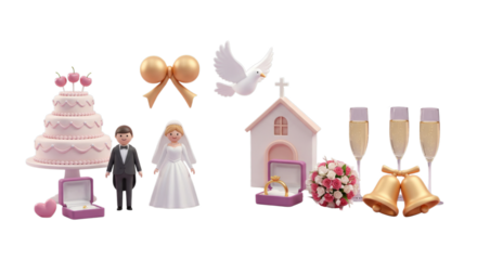 Wedding Decorative Elements Pink Cake, Church, Bride, Groom on Transparent Background