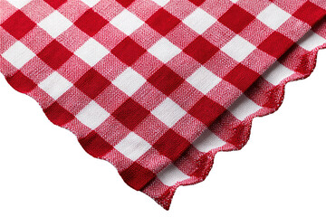 Close-up of a red and white checkered tablecloth corner.  The fabric drapes, with a scalloped edge