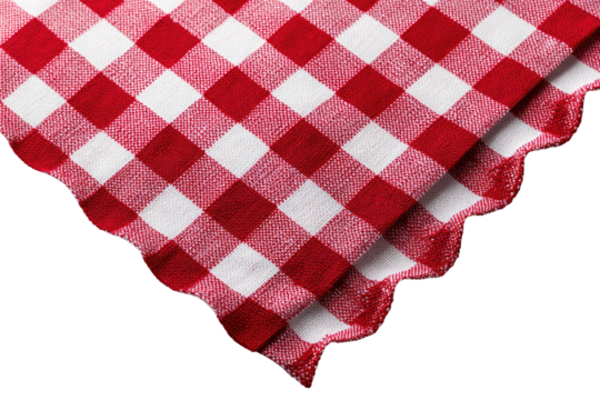 Close-up of a red and white checkered tablecloth corner.  The fabric drapes, with a scalloped edge
