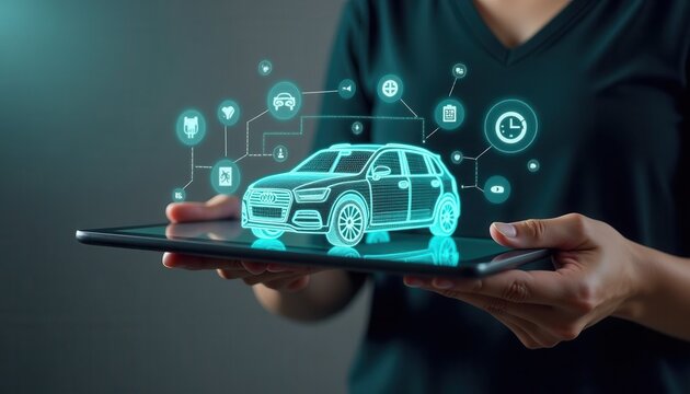 Futuristic illustration of a digital car hologram above a tablet, featuring automotive tech icons. Concept of smart vehicle innovation and digital transformation in the auto industry.