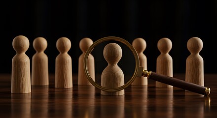 A magnifying glass focuses on a dark-skinned wooden figure among lighter-skinned ones, symbolizing the importance of diversity and inclusion in selection processes. Generated AI