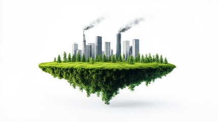 floating island with green grass field and cityscape, surreal flying island with skyline factory building, Eco green factory concept, 3D illustration