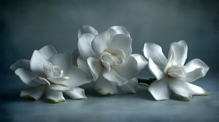 Fototapeta premium Elegant White Gardenias in Subtle Lighting A Study in Floral Simplicity and Serene Beauty of Nature's Delicate Creations