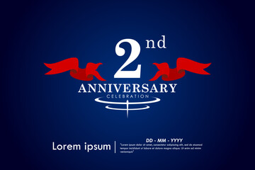 2nd years anniversary celebration emblem. congratulations elegant anniversary logo isolated with red ribbon on dark blue background. vector illustration template design for web banner	