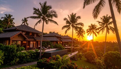 Tropical sunset villas overlooking a pool