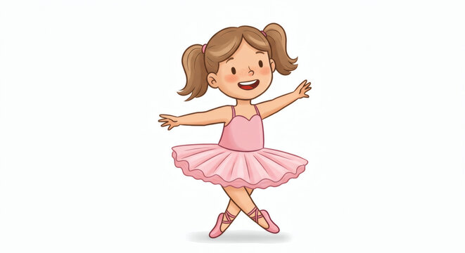 Playful cartoon drawing of a little girl in a pink ballerina outfit, spinning joyfully with arms wide open, wearing a tutu and ballet shoes, white background