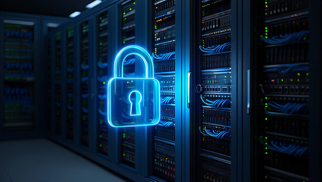 Glowing blue padlock symbol representing cybersecurity and data protection in a modern server room filled with computer racks and network cables symbolizing digital security and information safety