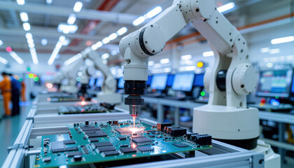 Advanced Robotic Arm Assembling Electronic Circuit Board in Factory