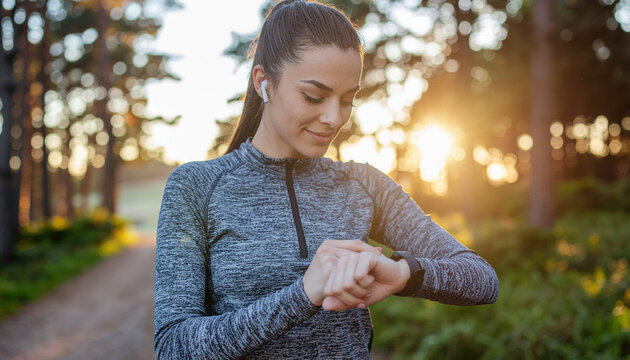 Fit Woman Checking Fitness Tracker in Forest During Sunrise