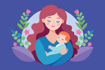 A mother holding her sleeping baby surrounded by flowers