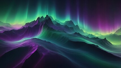 Abstract Aurora Borealis Over Mountainous Landscape A Dynamic Gradient of Green, Blue, and Purple
