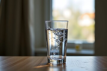 Pure Refreshment: A glass of water, capturing the essence of simplicity and purity on a natural wooden surface, with daylight