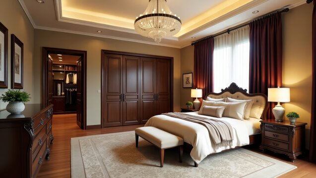 Luxurious bedroom interior with rich dark wood furnishings.
