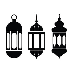 Three islamic style lanterns silhouette isolated on white background