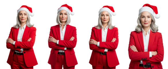 executive woman, ceo, red suit, christmas hat, woman santa claus, business entrepreneur, celebrating, gray background