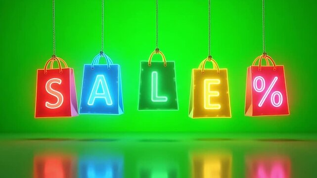 Sale shopping bags neon sign promotion retail discount offer clearance event deals limited time 