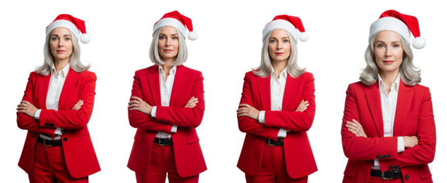 executive woman, ceo, red suit, christmas hat, woman santa claus, business entrepreneur, celebrating, gray background