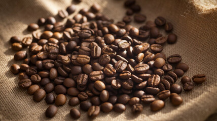 Fototapeta premium Close-up view of a pile of roasted coffee beans resting on a textured burlap surface.
