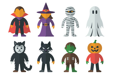 Halloween monster faces collection with vampire, witch, cat, werewolf, zombie, pumpkin, ghost, mummy, vector set
