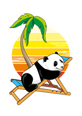 Baby panda bear relaxing on the deck chair under the palm tree