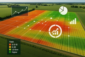 Agricultural field data analysis with color coded yield zones and growth charts agriculture