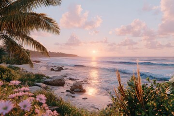 Fototapeta premium Serene Sunset Over Tranquil Beach Scene with Palm Trees and Vibrant Flowers, Capturing the Beauty of Nature and the Peaceful Environment of the Shoreline