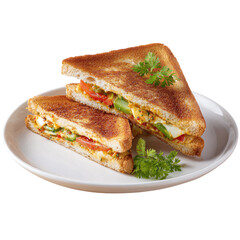 Neatly served Bombay sandwich on white ceramic plate, isolated on transparent background.