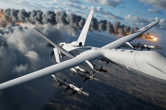 Military drones above a battlefield in Ukraine