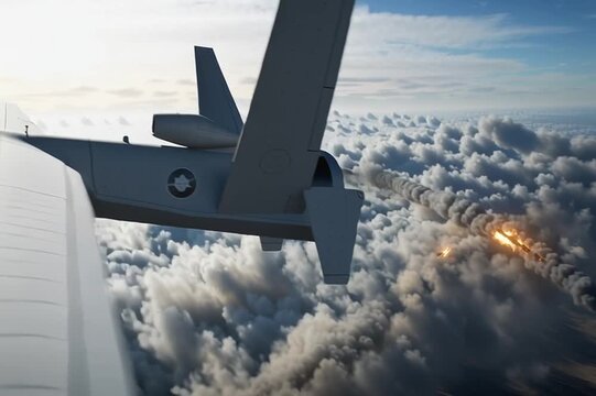 Military drones above a battlefield in Ukraine