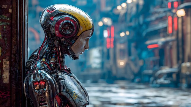 Cybernetic Existence A Glimpse into a Solitary Future Where Humanity and Technology Merge in a Bleak Urban Landscape - Powered by Adobe