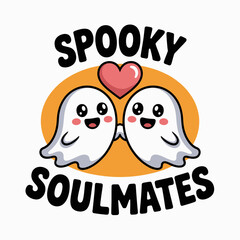 Spooky soulmates poster with two ghosts, pink hearts, Halloween romance, printable card, vector illustration