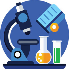 Vector illustration of laboratory medical equipment: microscope, test tubes, flask, and other science and chemistry objects