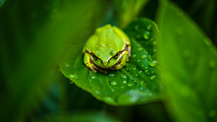 Obraz premium A vibrant green tree frog rests on a dewkissed leaf showcasing its intricate details and the surrounding lush natural environment