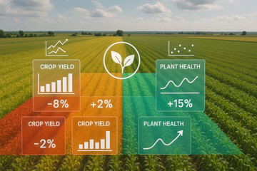 Agricultural field data visualization with crop yield and plant health metrics agriculture
