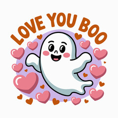 Love you boo card with ghost and hearts, playful Halloween, printable sticker, vector illustration, typographic art