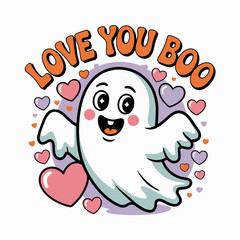 Smiling ghost holding a heart with love you boo text and floating hearts, perfect for Halloween greeting card or sticker printable  