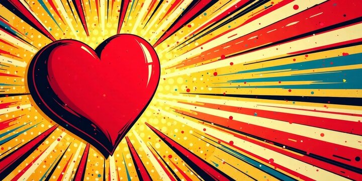 A vibrant red heart explodes with energy, radiating joy and passion against a dynamic backdrop of radiating lines and splashes of color.